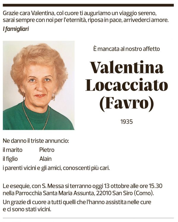 Annuncio funebre Valentina Locacciato Favro