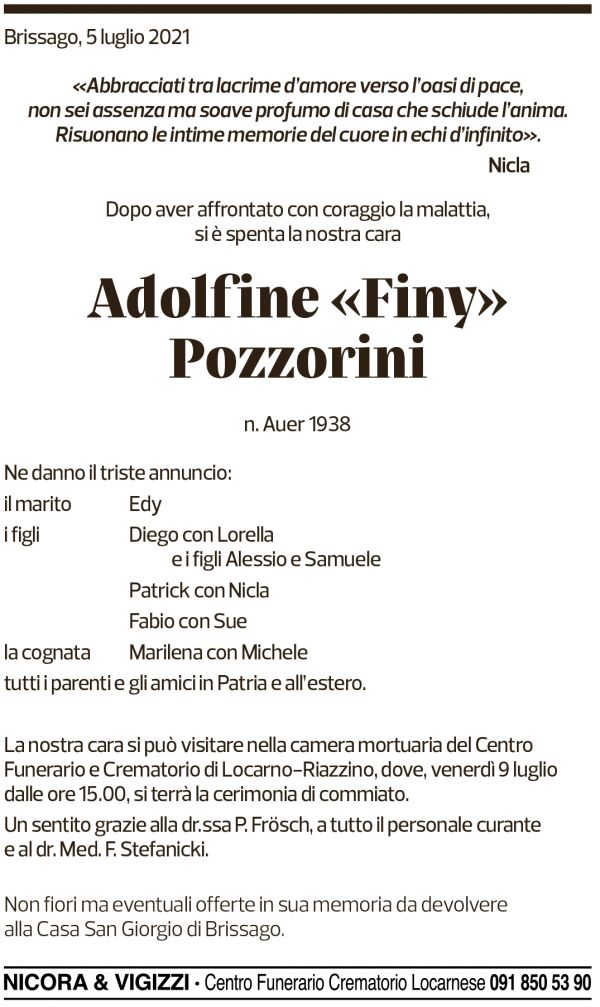 Annuncio funebre Adolfine Pozzorini