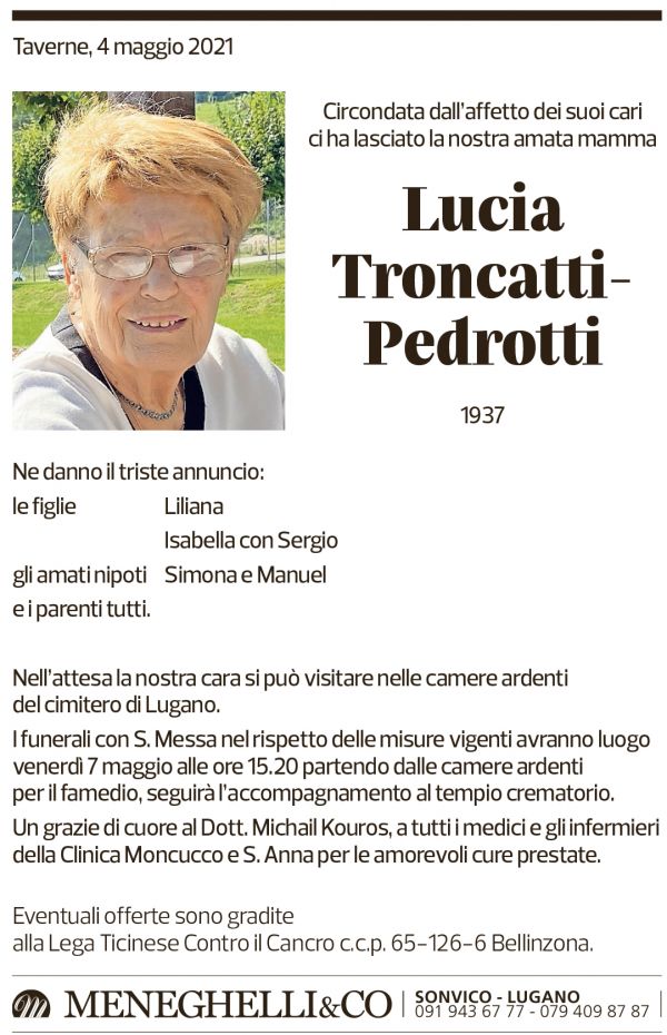 Annuncio funebre Lucia Troncatti-pedrotti