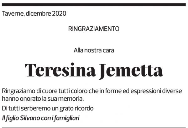 Annuncio funebre Teresina Jemetta