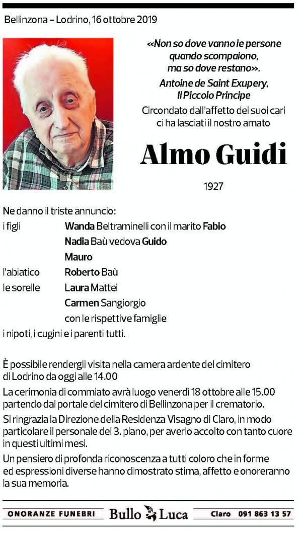 Annuncio funebre Almo Guidi