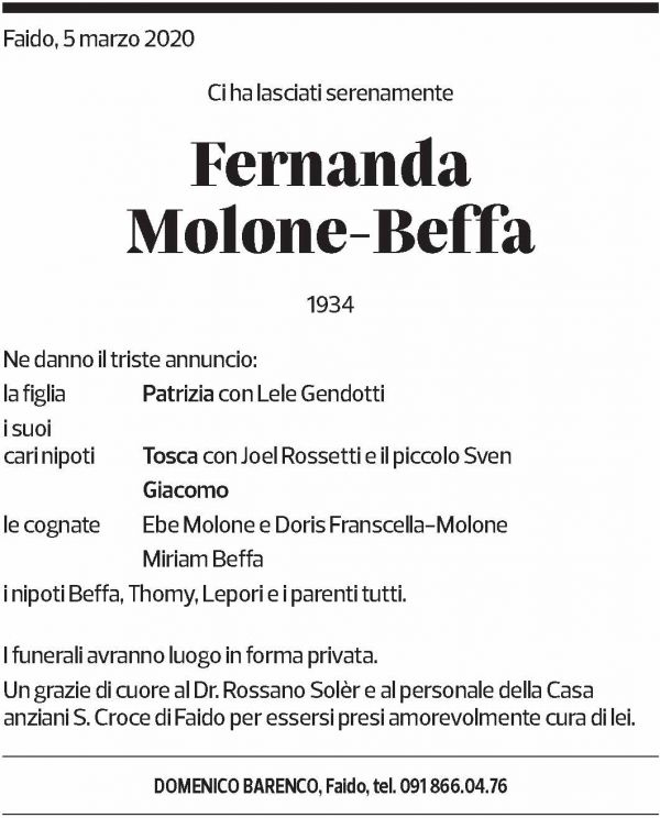 Annuncio funebre Fernanda Molone-beffa