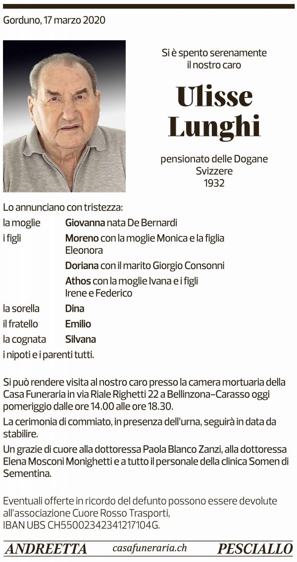 Annuncio funebre Ulisse Lunghi