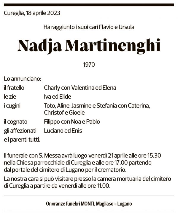 Annuncio funebre Nadja Martinenghi