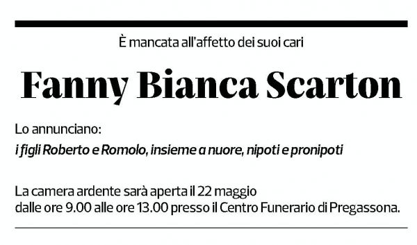 Annuncio funebre Fanny Bianca Scarton