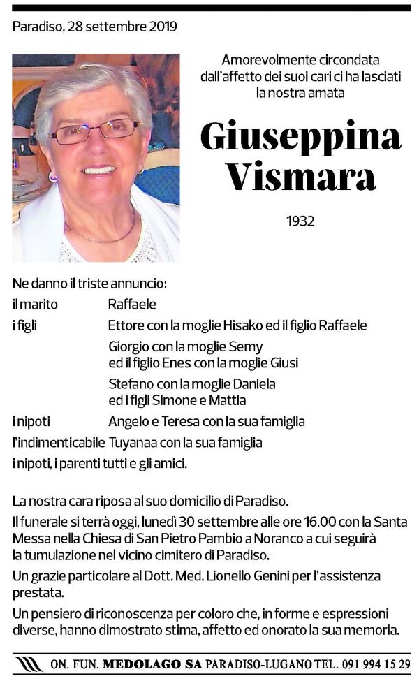 Annuncio funebre Giuseppina Vismara