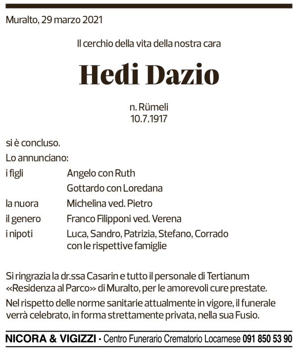 Annuncio funebre Hedi Dazio