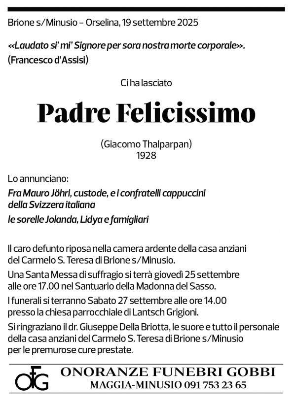 Annuncio funebre Giacomo Thalparpan