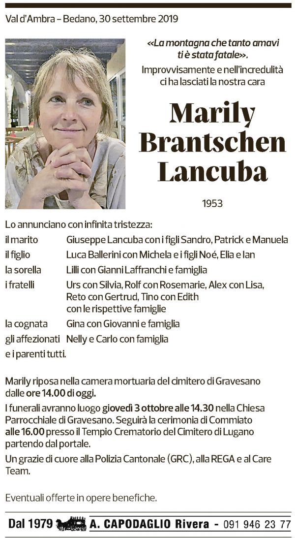Annuncio funebre Marily Brantschen Lancuba
