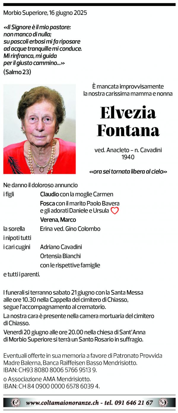 Annuncio funebre Elvezia Fontana