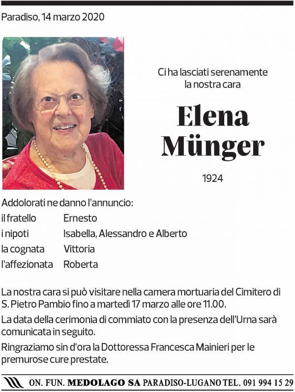 Annuncio funebre Elena Münger