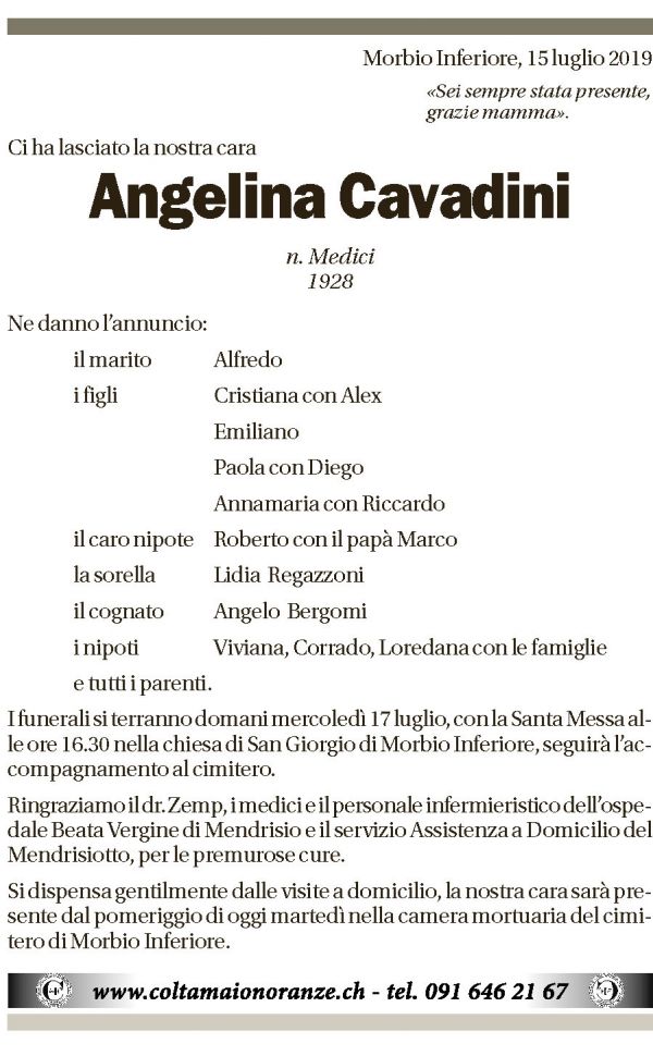 Annuncio funebre Angelina Cavadini