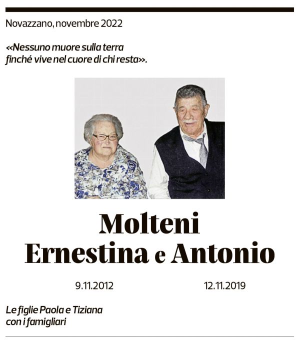 Annuncio funebre Ernestina E Antonio Molteni