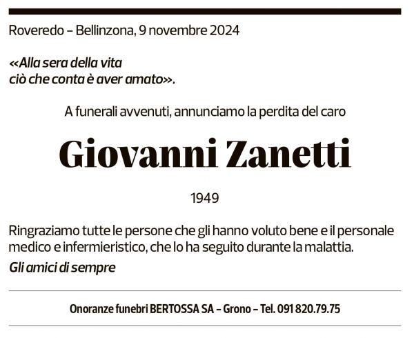 Annuncio funebre Giovanni Zanetti