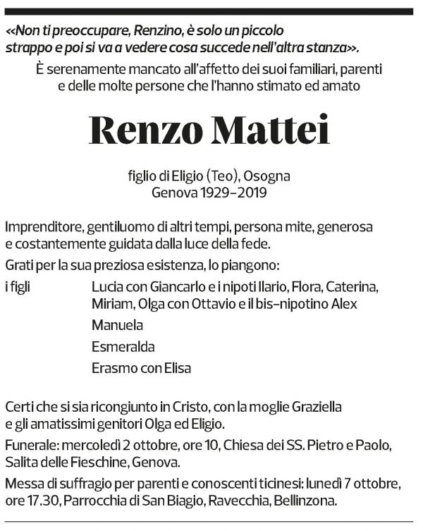 Annuncio funebre Renzo Mattei