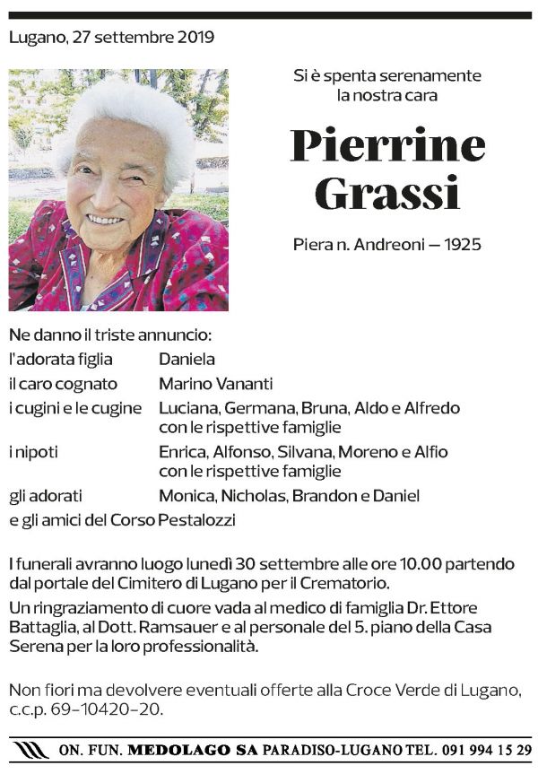 Annuncio funebre Pierrine Grassi