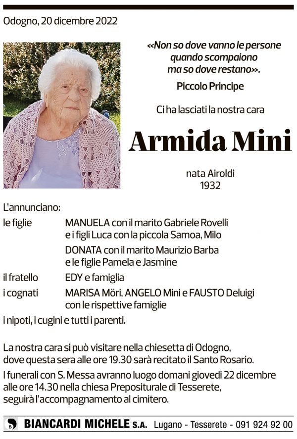 Annuncio funebre Armida Mini