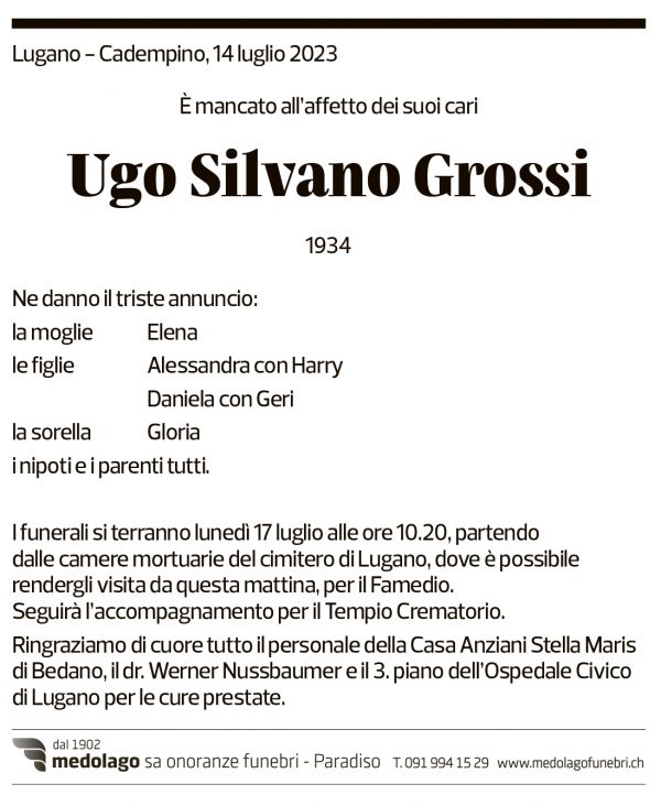 Annuncio funebre Ugo Silvano Grossi