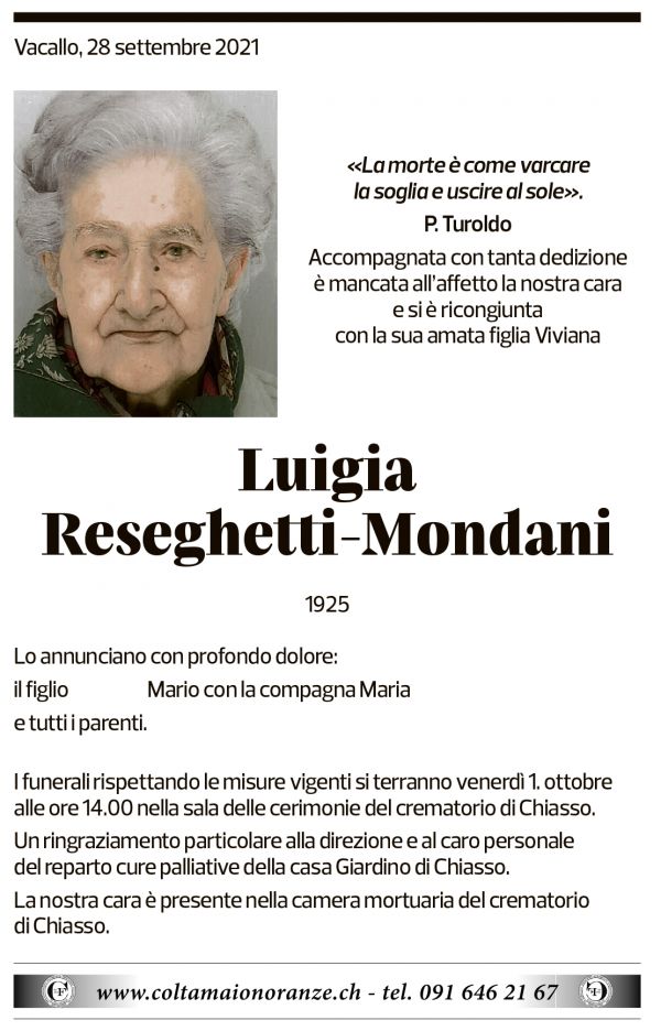 Annuncio funebre Luigia Reseghetti-mondani