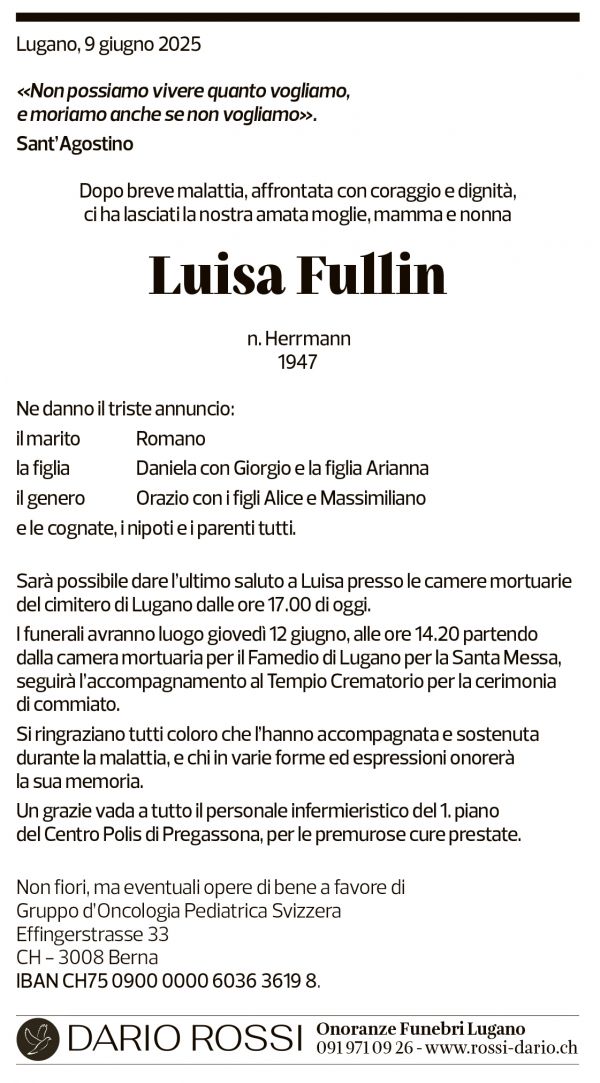 Annuncio funebre Luisa Fullin