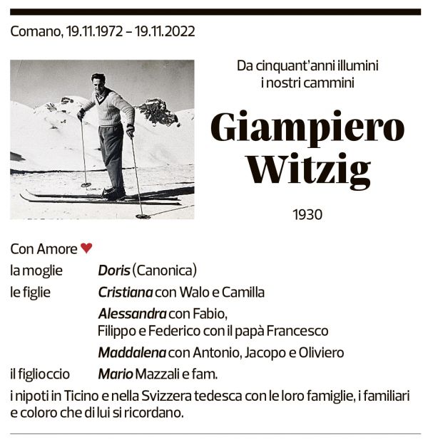 Annuncio funebre Giampiero Witzig