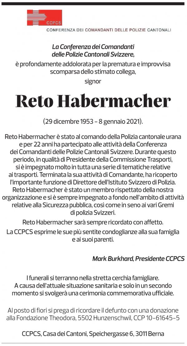 Annuncio funebre Reto Habermacher