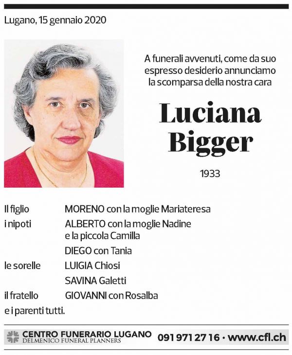 Annuncio funebre Luciana Bigger