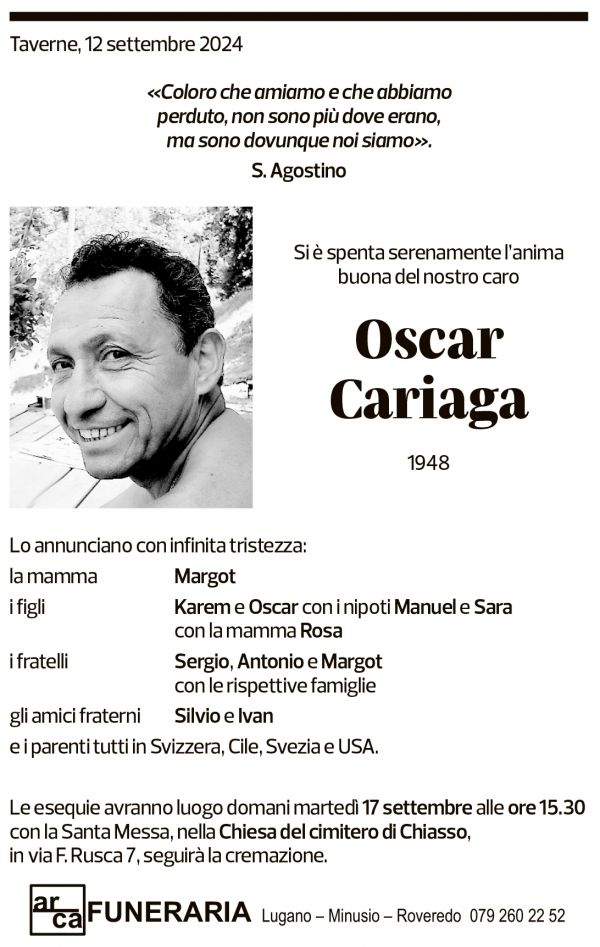 Annuncio funebre Oscar Cariaga