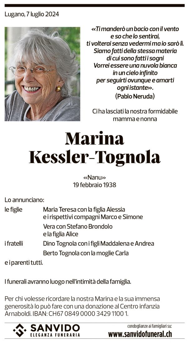 Annuncio funebre Marina Kessler-tognola