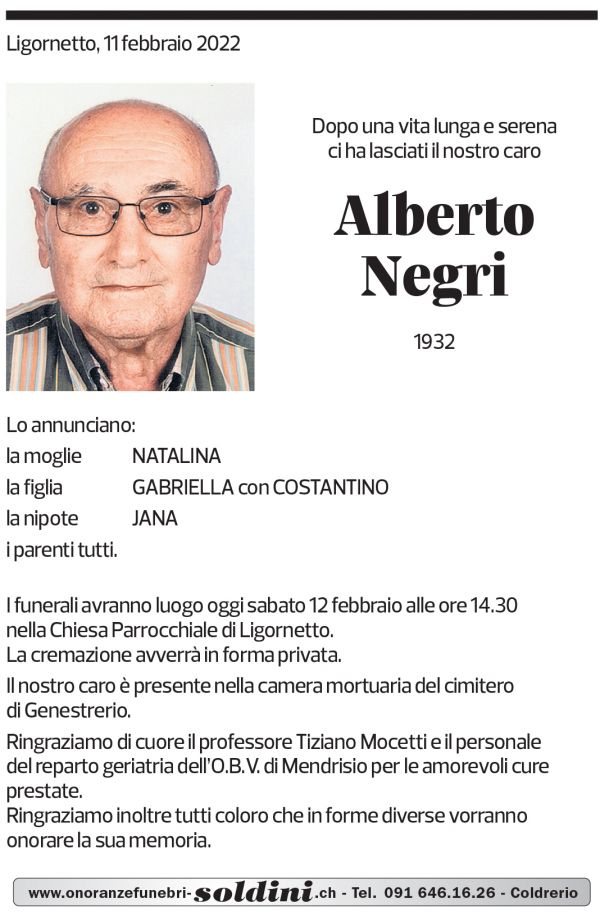 Annuncio funebre Alberto Negri