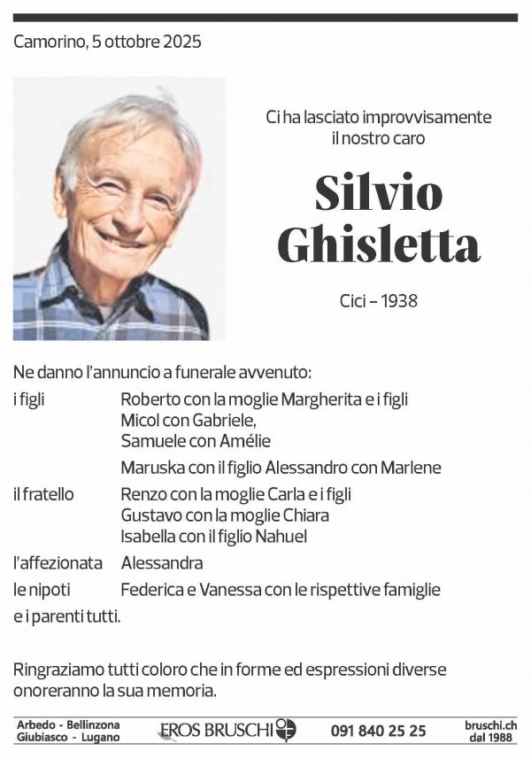 Annuncio funebre Silvio Ghisletta