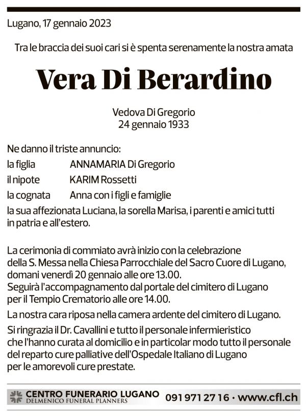 Annuncio funebre Vera Di Berardino