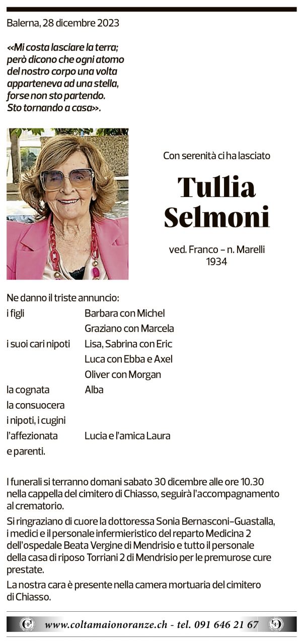 Annuncio funebre Tullia Selmoni