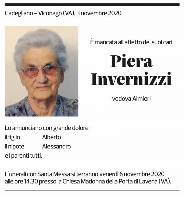 Annuncio funebre Piera Invernizzi