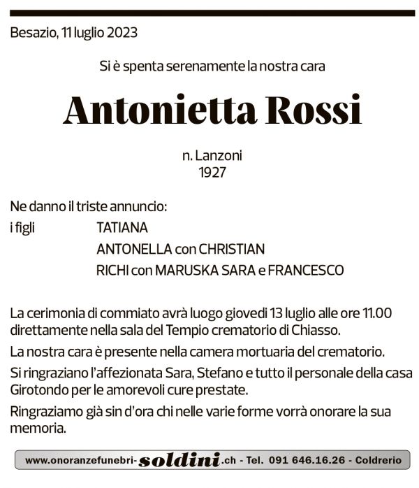 Annuncio funebre Antonietta Rossi