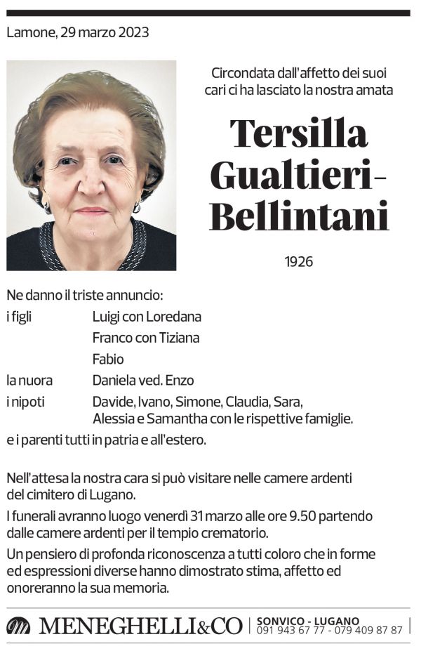 Annuncio funebre Tersilla Gualtieri-bellintani