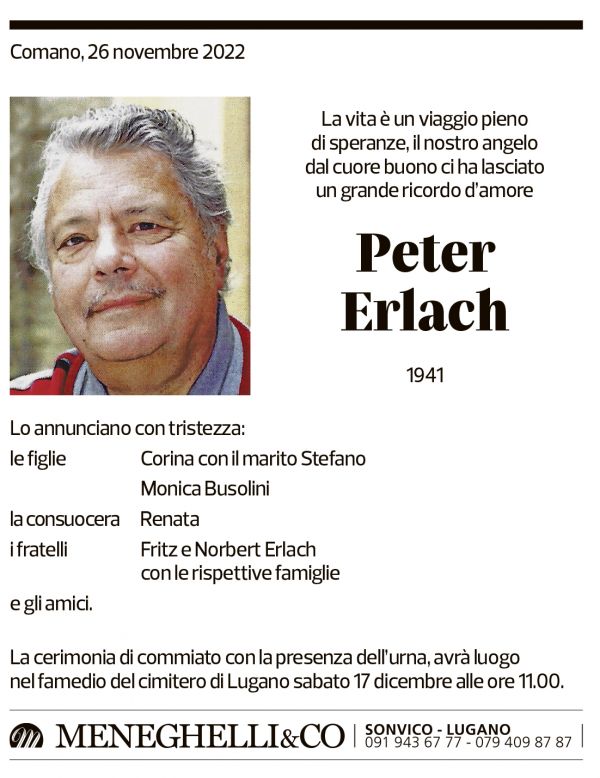 Annuncio funebre Peter Erlach