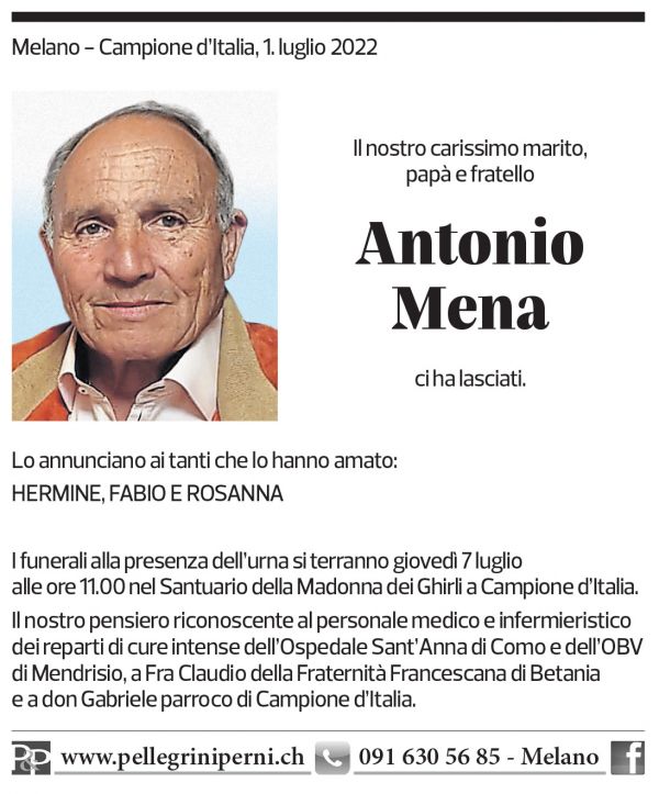 Annuncio funebre Antonio Mena