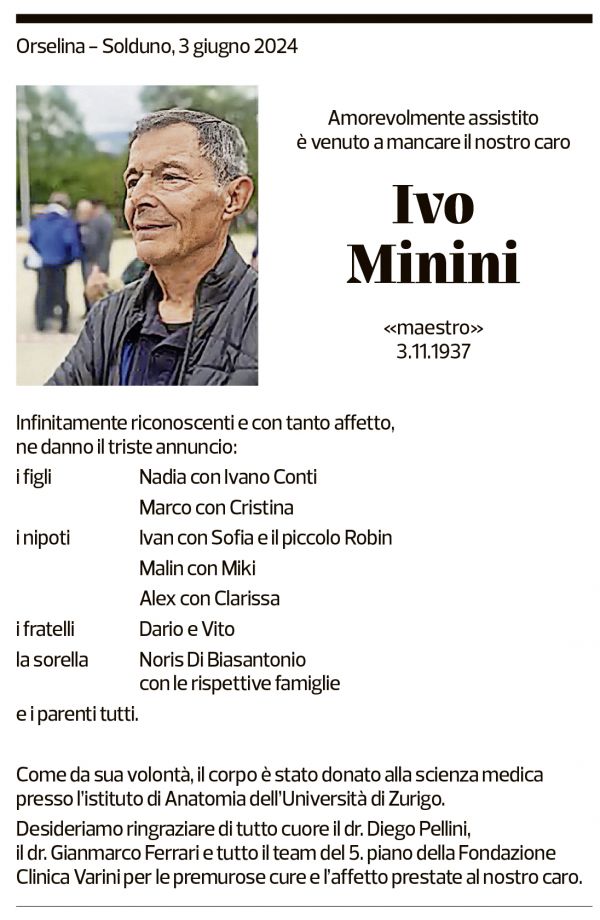 Annuncio funebre Ivo Minini