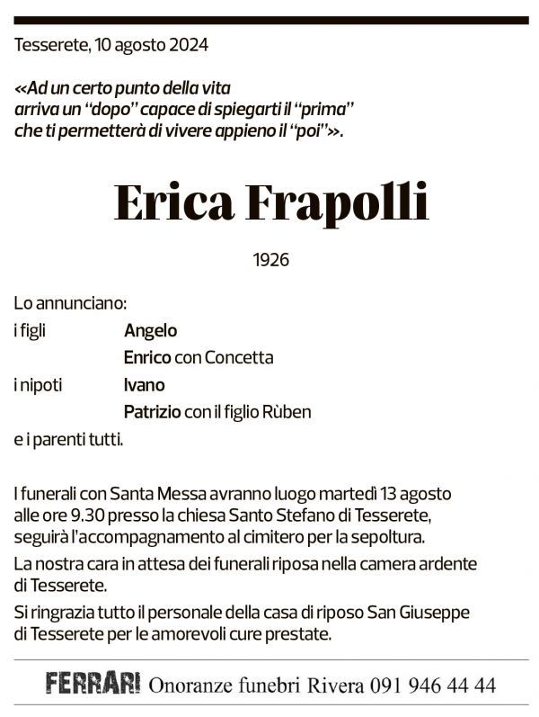 Annuncio funebre Erica Frapolli