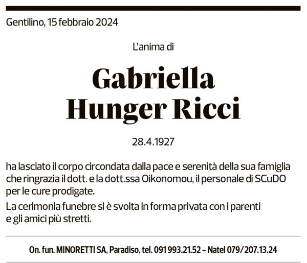 Annuncio funebre Gabriella Hunger Ricci