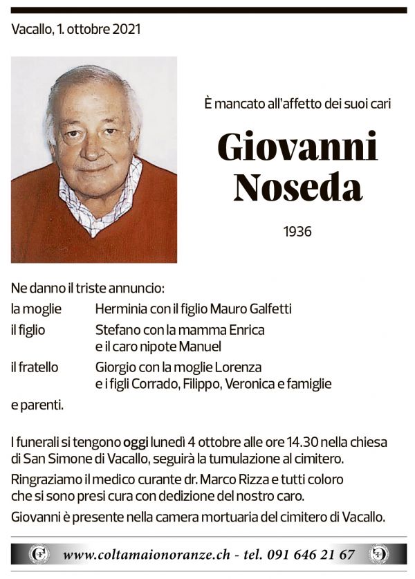 Annuncio funebre Giovanni Noseda