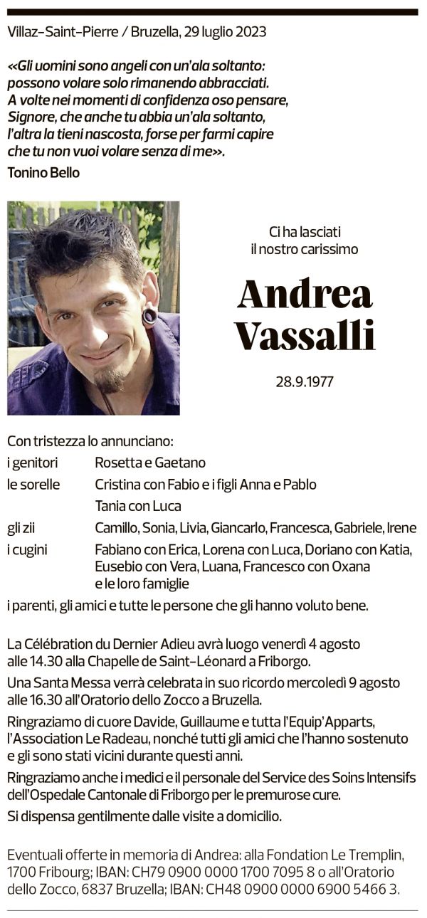 Annuncio funebre Andrea Vassalli