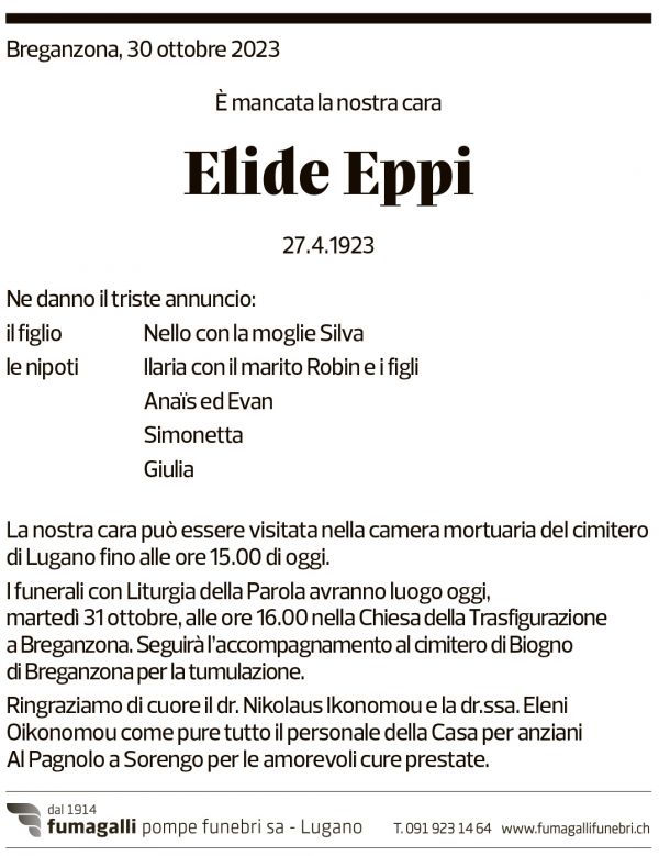 Annuncio funebre Elipe Eppi