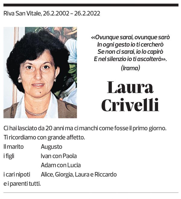 Annuncio funebre Laura Crivelli