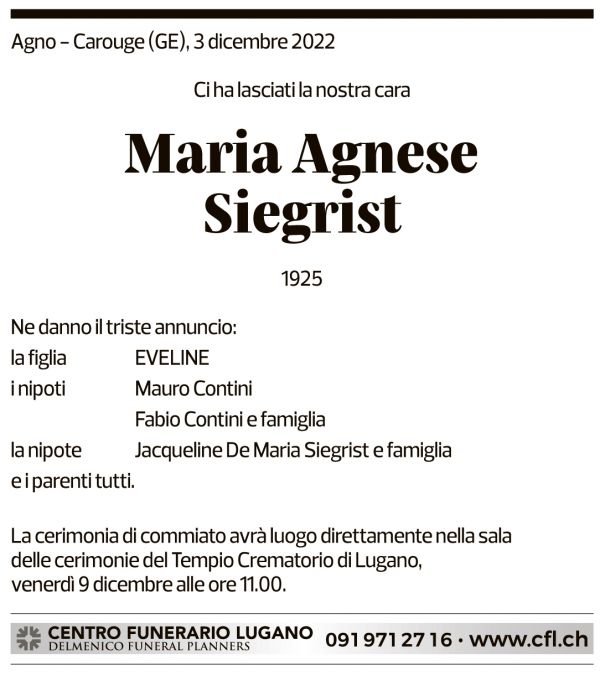 Annuncio funebre Maria Agnese Siegrist