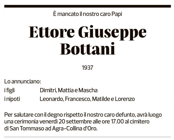 Annuncio funebre Ettore Giuseppe Bottani