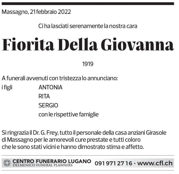 Annuncio funebre Fiorita Della Giovanna