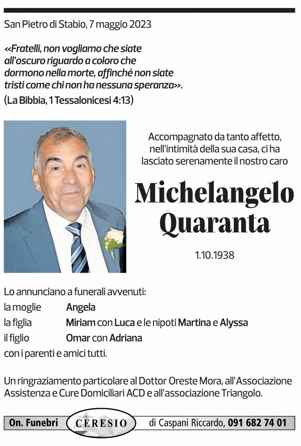 Annuncio funebre Michelangelo Quaranta