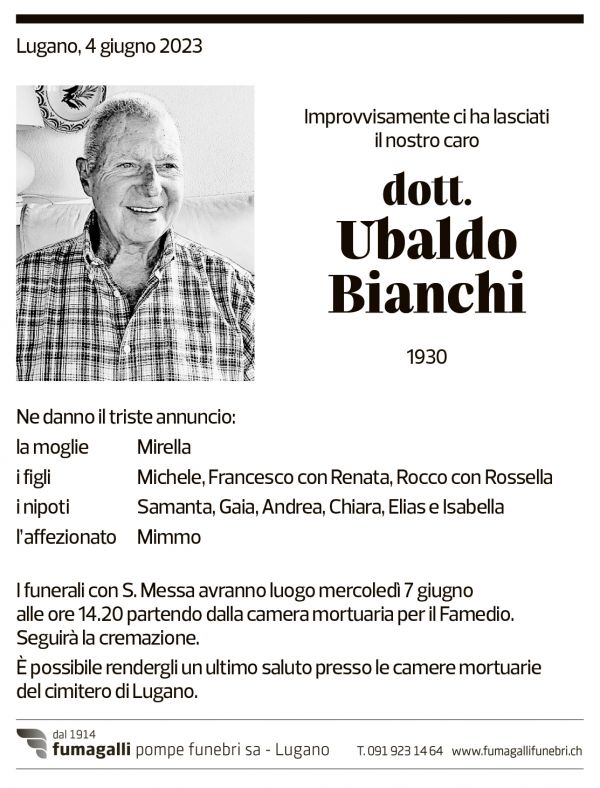 Annuncio funebre Ubaldo Bianchi